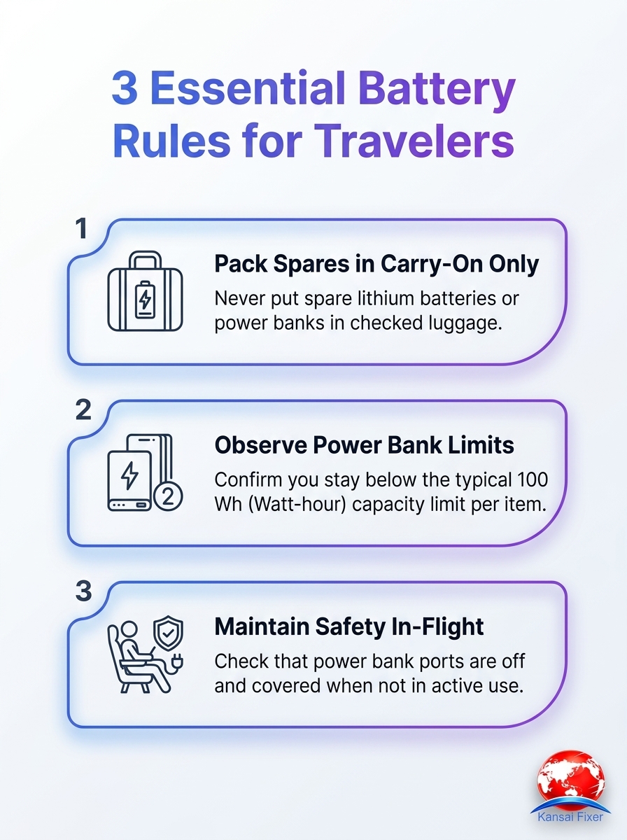 Infographic showing three essential battery rules for travelers.