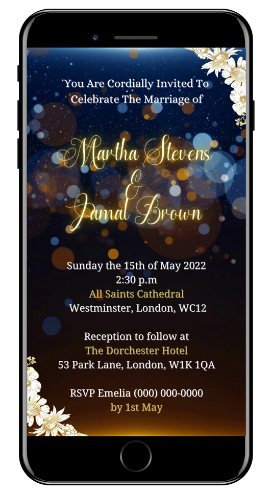 Gold Blue Floral Wedding Video Invitation