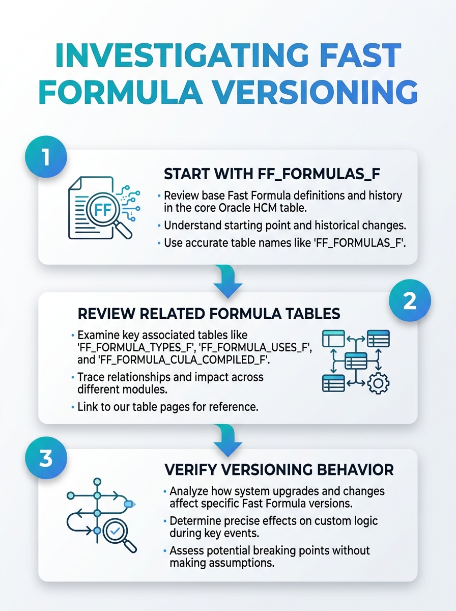 Infographic investigating how FF_FORMULAS_F versioning can break custom Fast Formula logic.