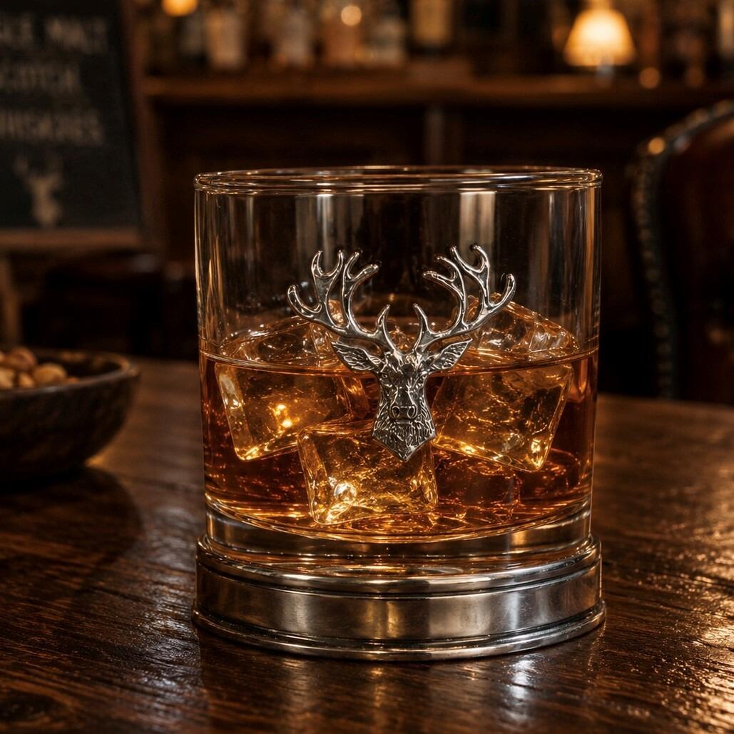 Signature pewter whisky tumbler with stag head emblem