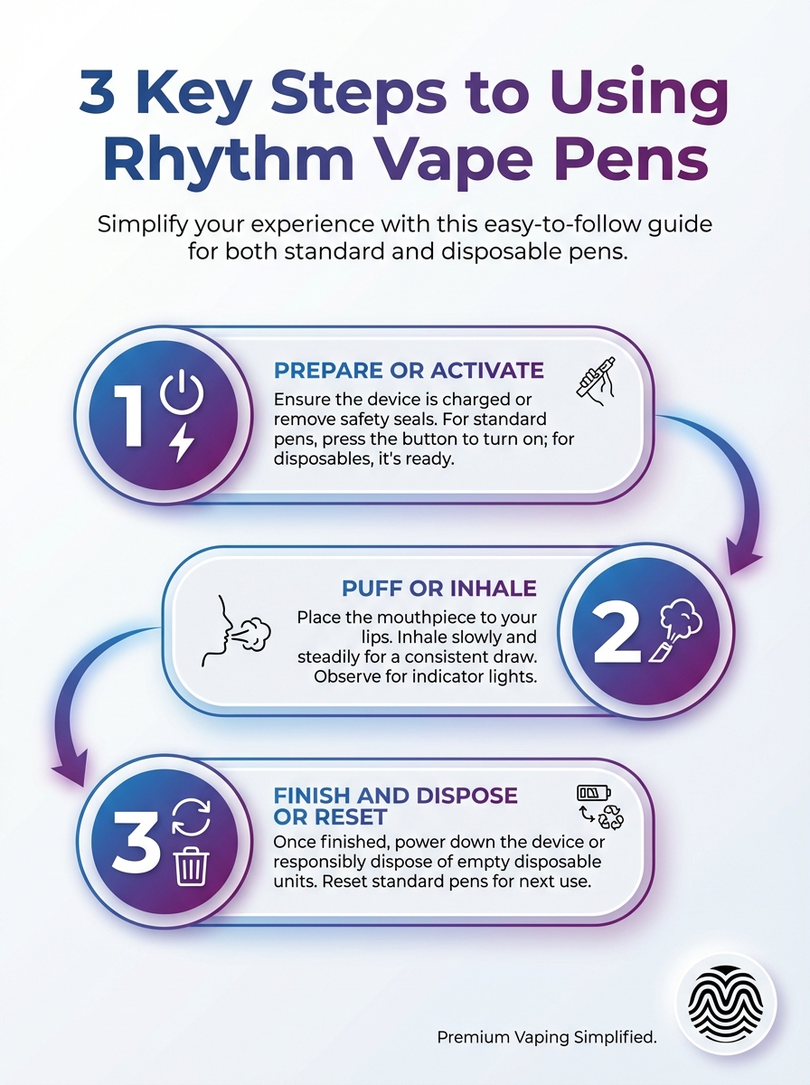 Infographic showing 3 key steps to using rythm vape pens (how to use rythm vape pen,rythm vape pens,rythm disposable vape pens)