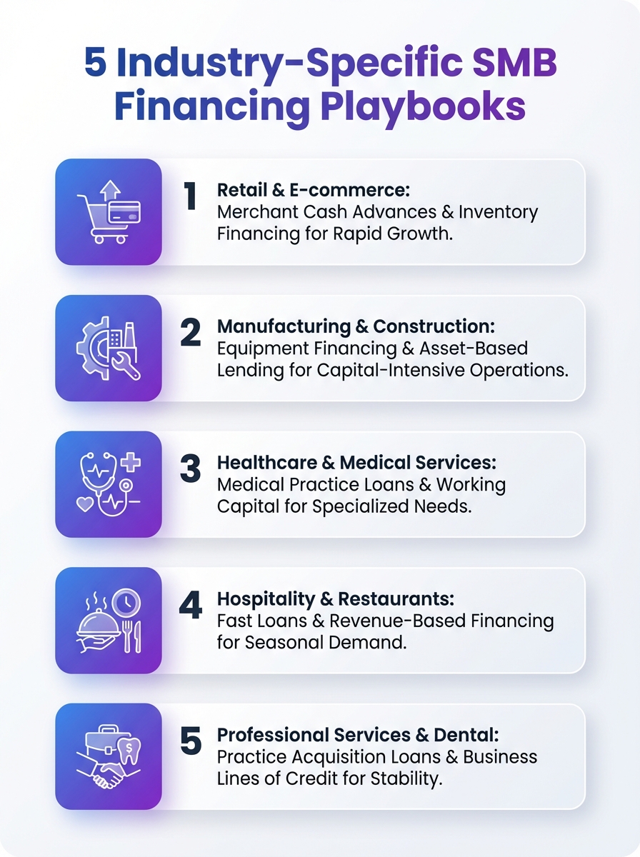 Infographic showing five industry-specific SMB financing playbooks for small businesses.
