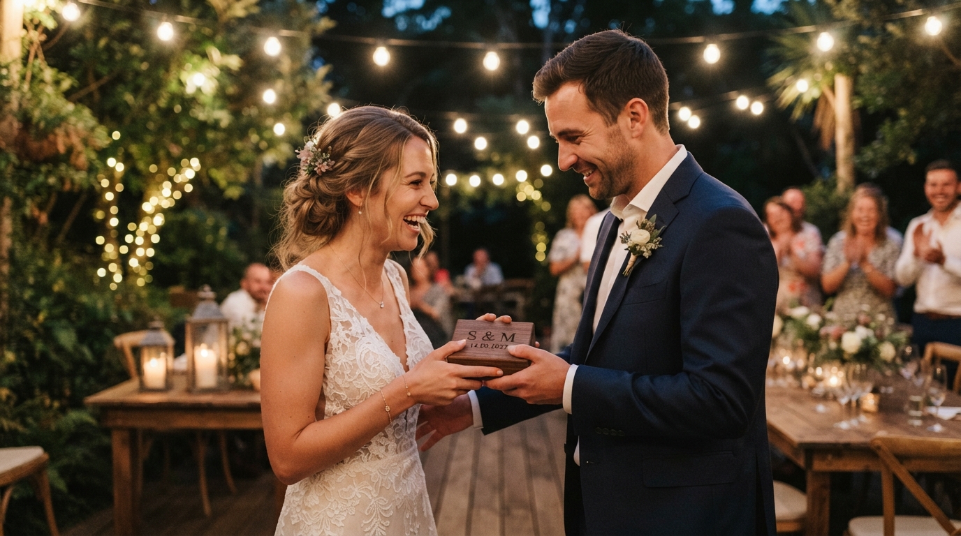 A couple exchange a small engraved wooden keepsake box beneath festoon lights at an intimate outdoor wedding reception.