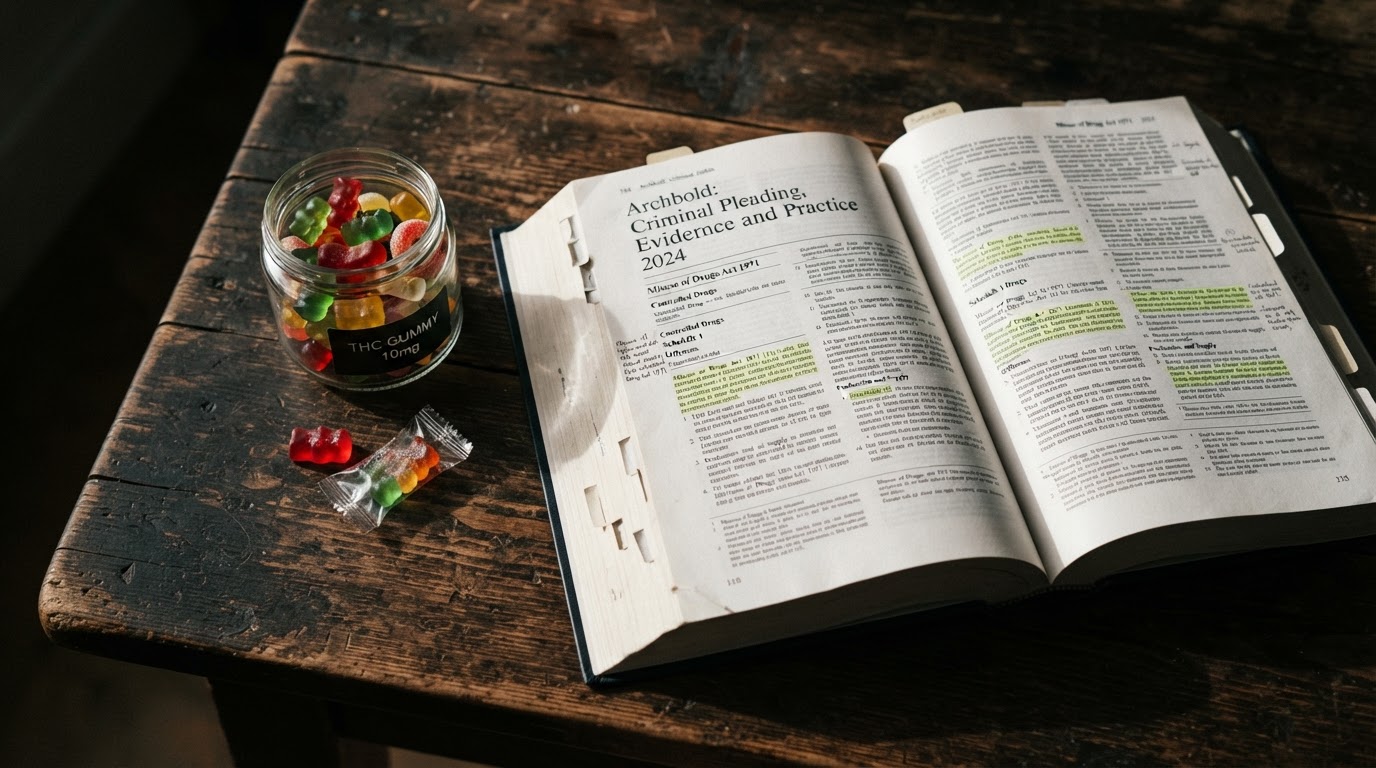 Overhead view of colorful THC-labelled gummy sweets beside an open UK law book on a dark wooden table, stark directional