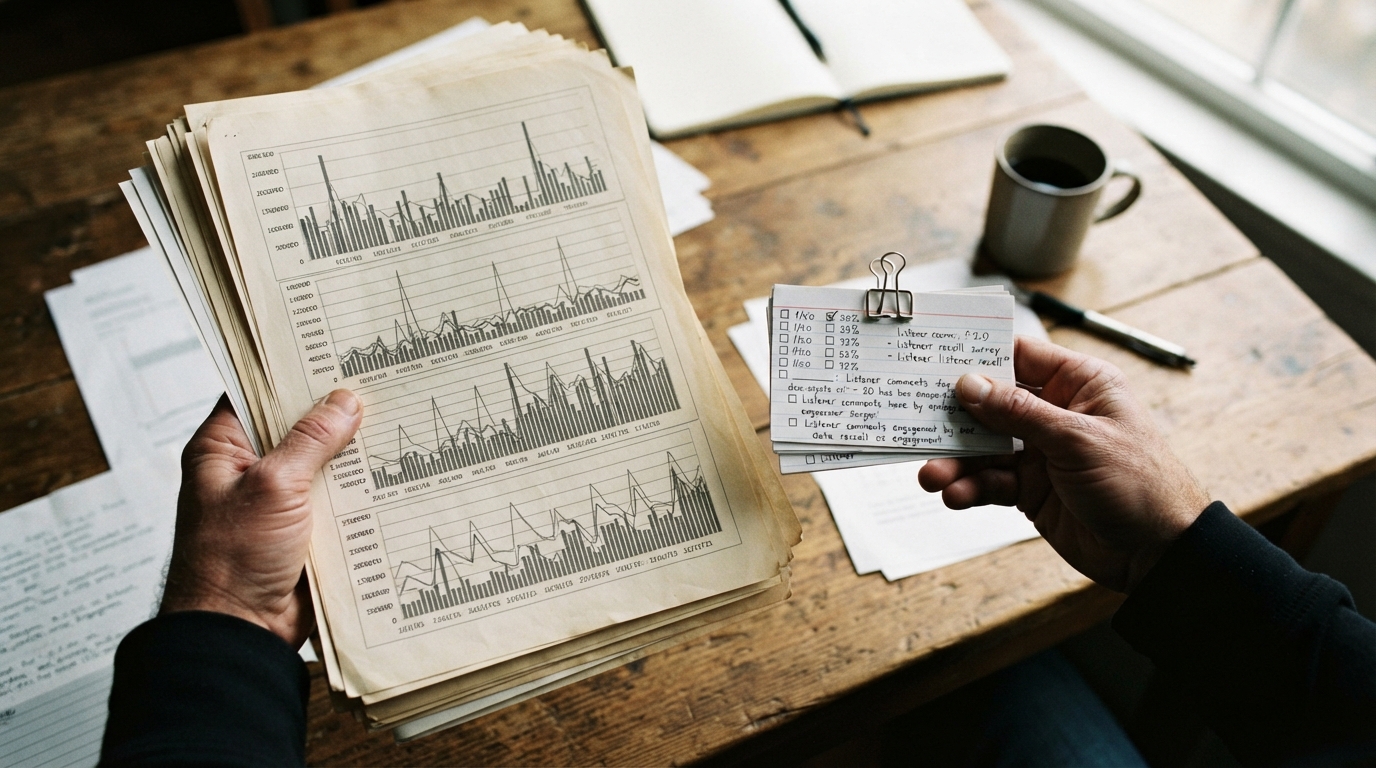 An overhead view shows hands comparing a tall stack of download-count charts with a small set of listener recall survey