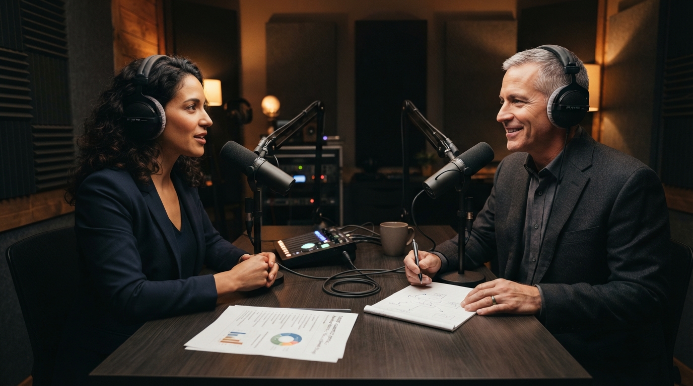 Two business leaders record a B2B podcast across tabletop microphones in a softly lit sound booth, exchanging notes beside a
