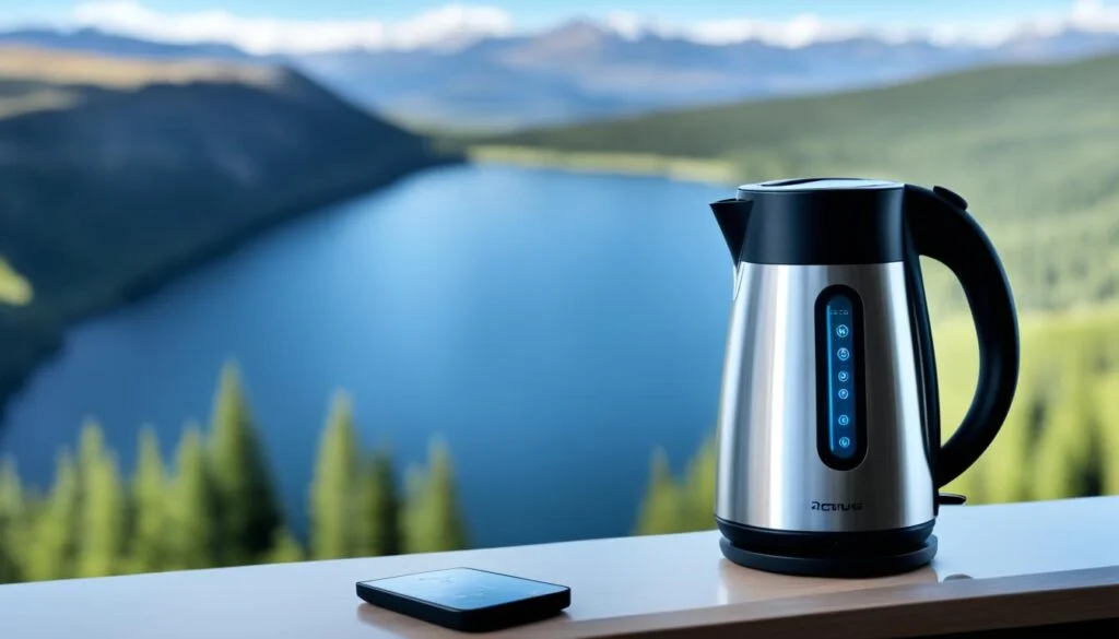 Portable kettle beside a phone with a lake view