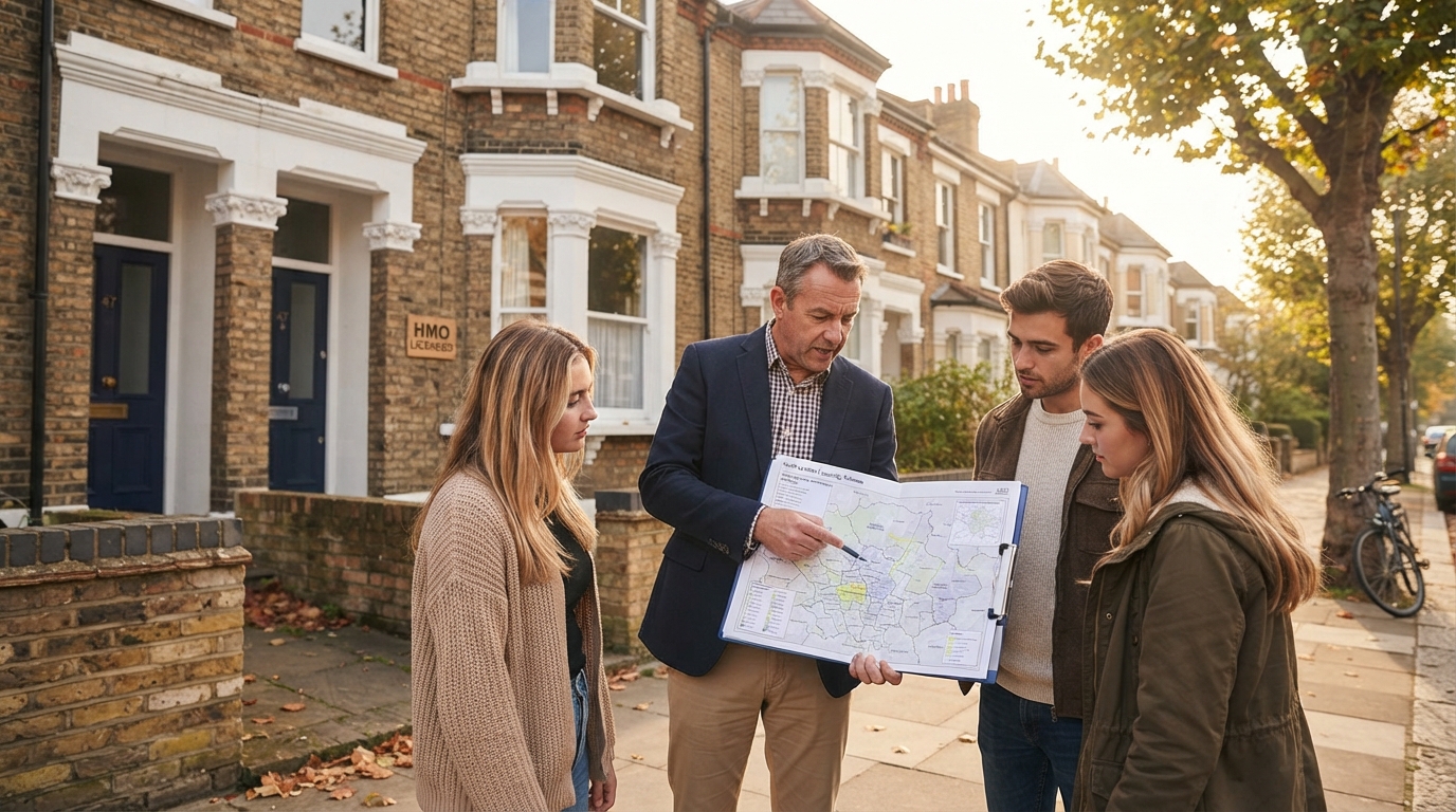 A landlord and several tenants discuss a borough boundary map outside a North London shared house in bright morning light.