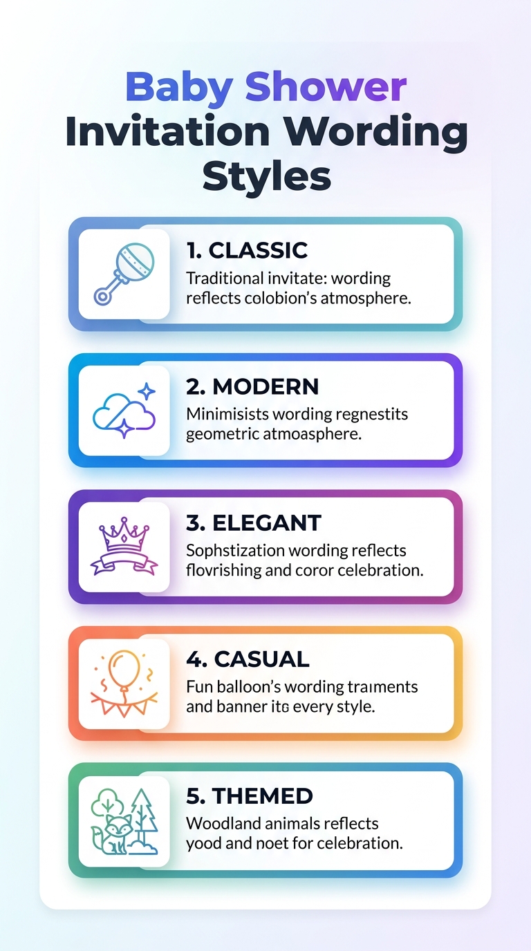 Infographic of baby shower invitation wording ideas in styles ranging from sweet and playful to elegant and modern