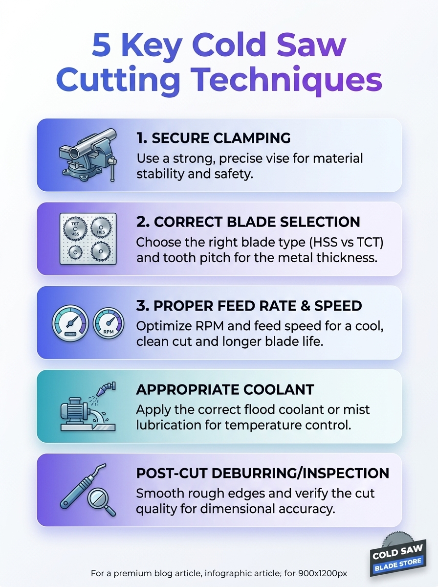 Infographic showing 5 key metal cutting techniques using a cold saw.