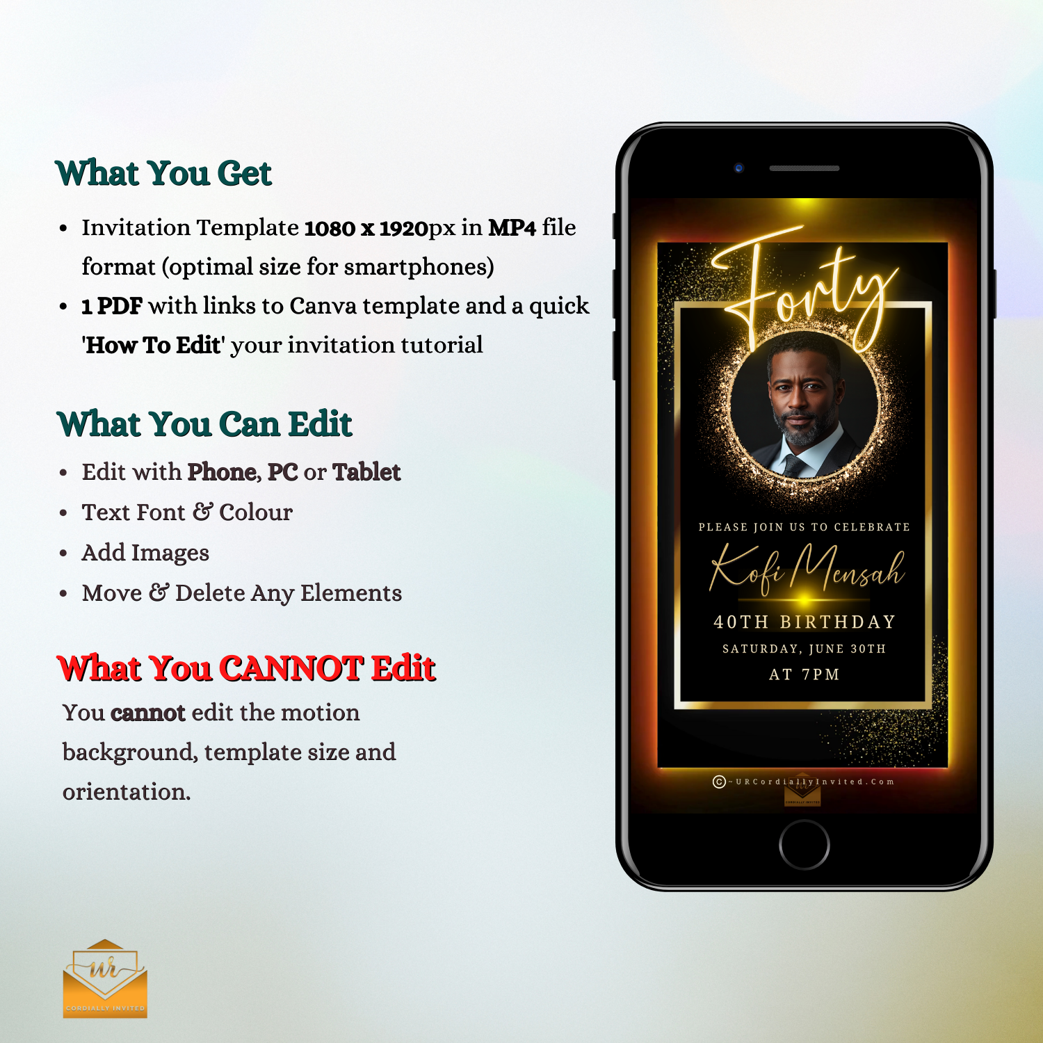 Elegant Animated Men's 40th Birthday Video Invitation With Oval Photo Frame