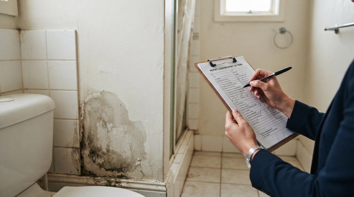 A close-up of a hand holding a checklist beside a damp patch on an empty rental bathroom wall.
