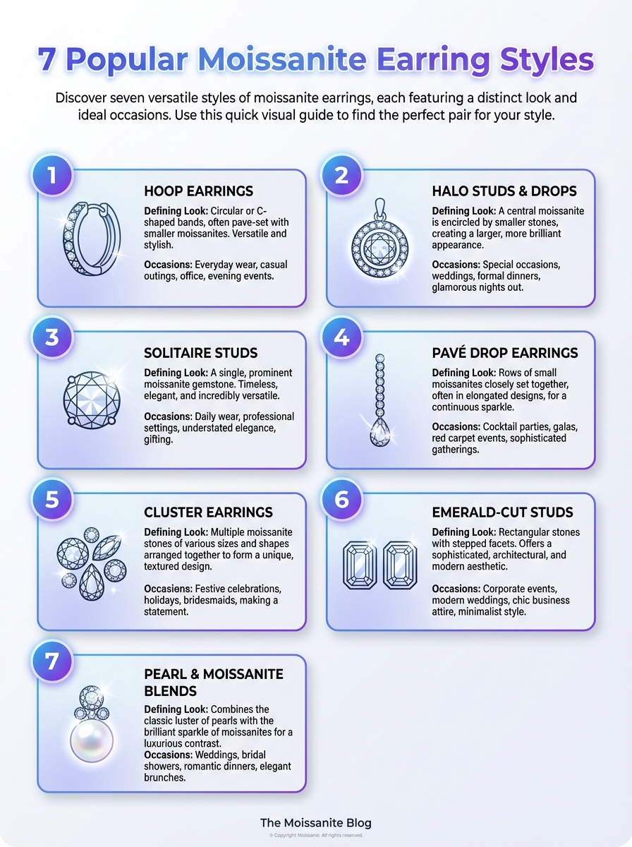 Infographic depicting 7 popular moissanite earring styles, including studs, hoops, drops, and halos.