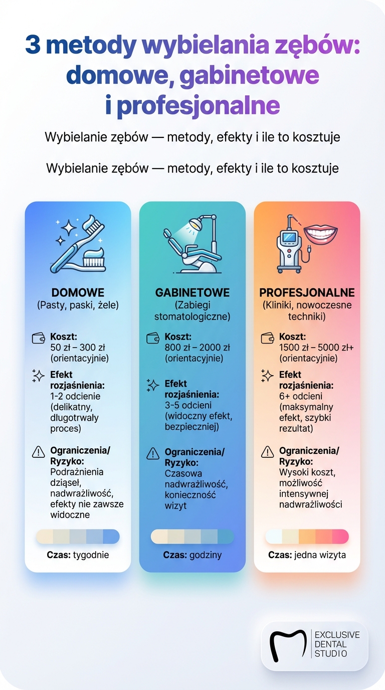 Infografika: 3 metody wybielania zębów (domowe, gabinetowe, profesjonalne) – efekty i koszty