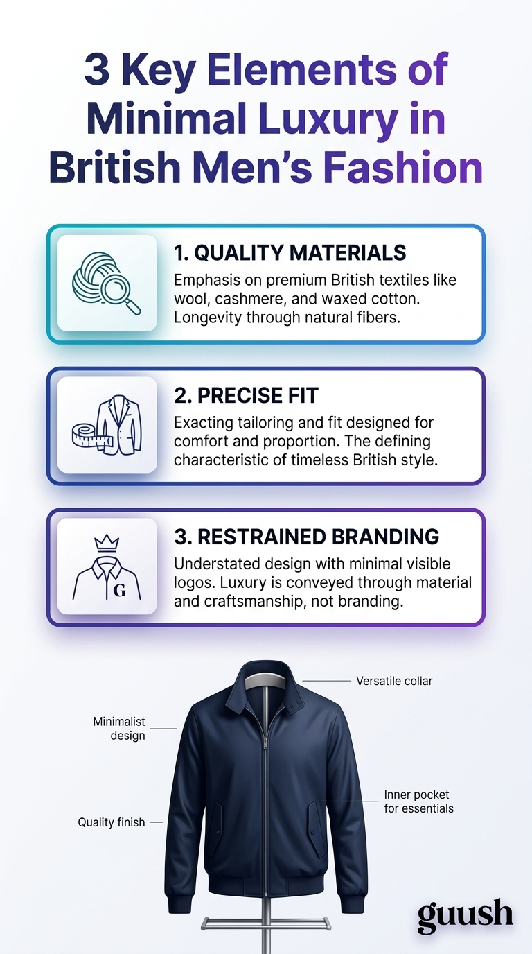 Infographic showing 3 key elements of minimal luxury in British men's fashion: quality, timeless design, discreet branding.