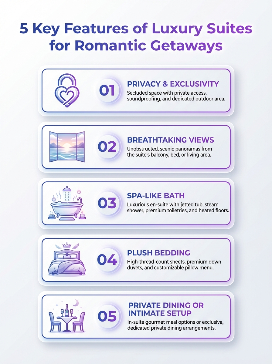 Infographic: 5 key features of the best luxury suites for romantic getaways.