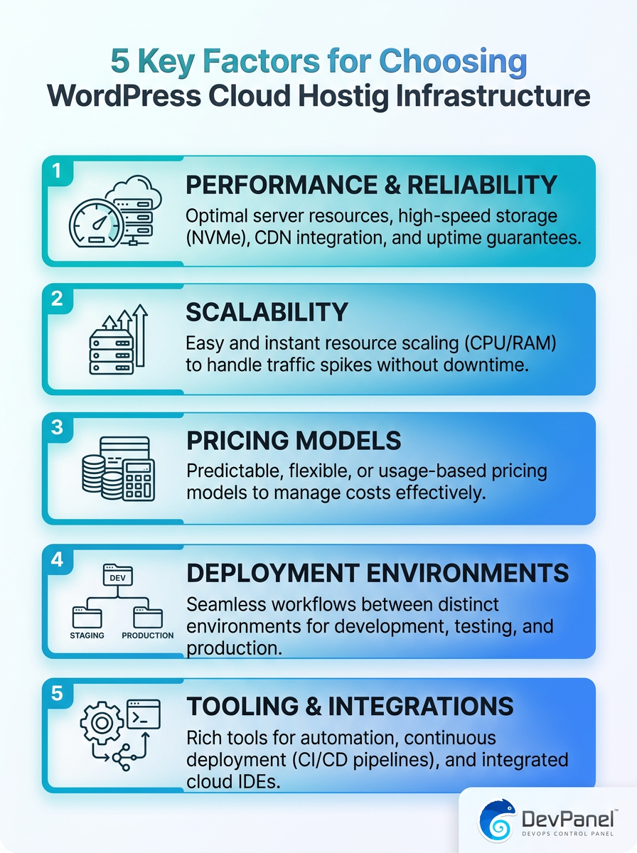 Infographic of 5 key factors for choosing WordPress cloud hosting infrastructure.