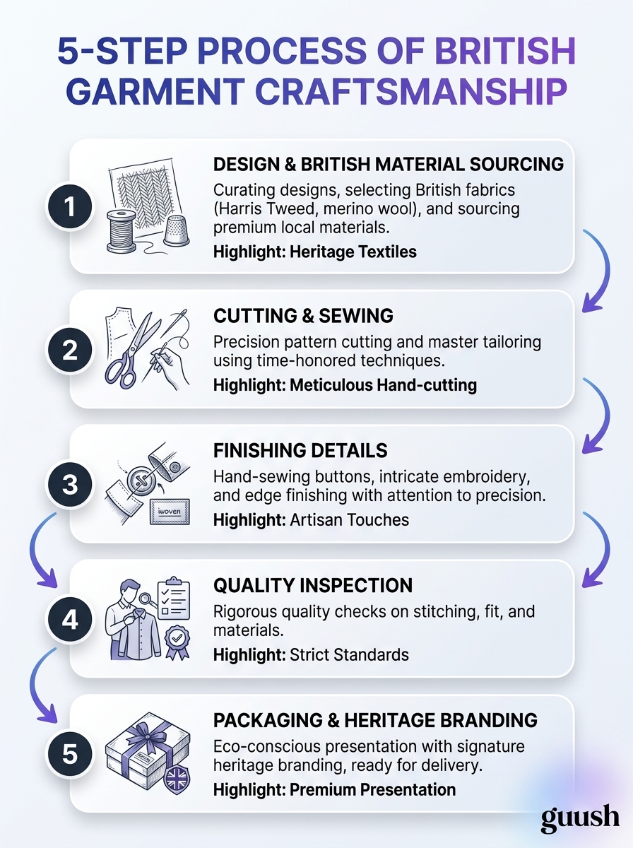 Infographic shows the 5-step process of British garment craftsmanship, highlighting British craftsmanship and heritage.