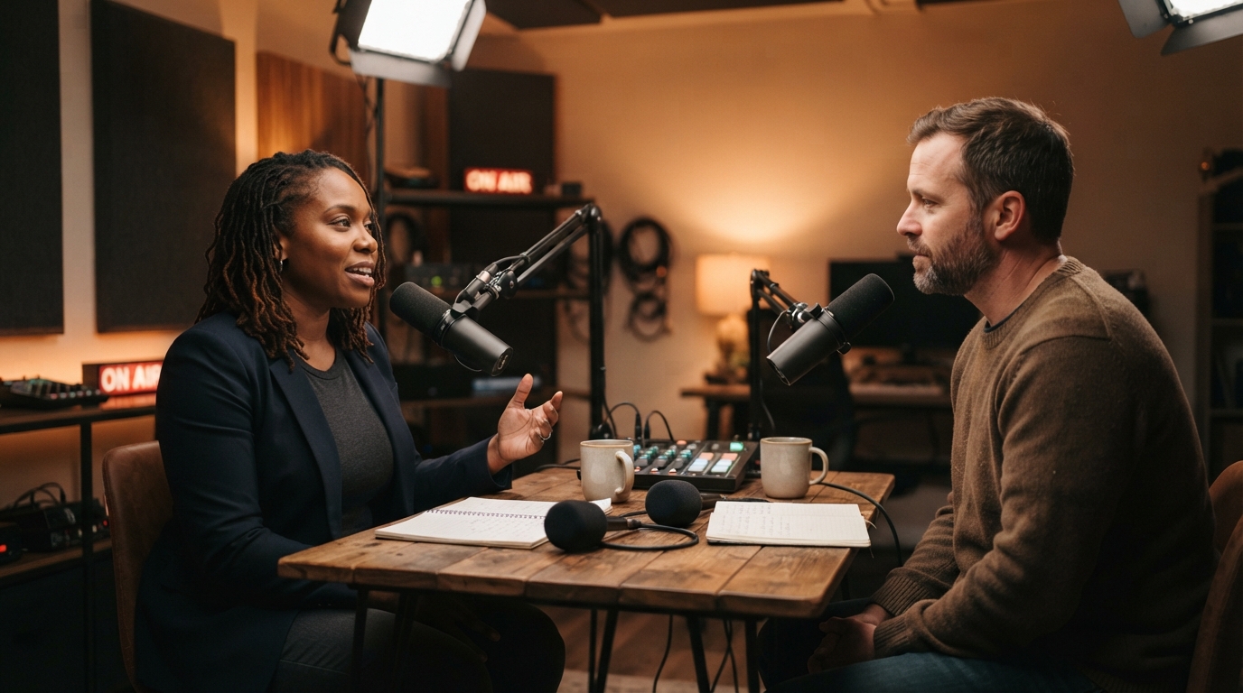 A business consultant shares practical advice into a broadcast microphone across a small podcast studio table, with a host