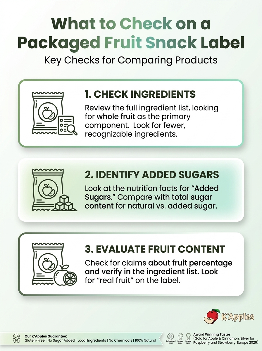 Infographie montrant les éléments à vérifier sur les étiquettes des encas aux fruits emballés, notamment les ingrédients, les sucres ajoutés et la teneur en fruits