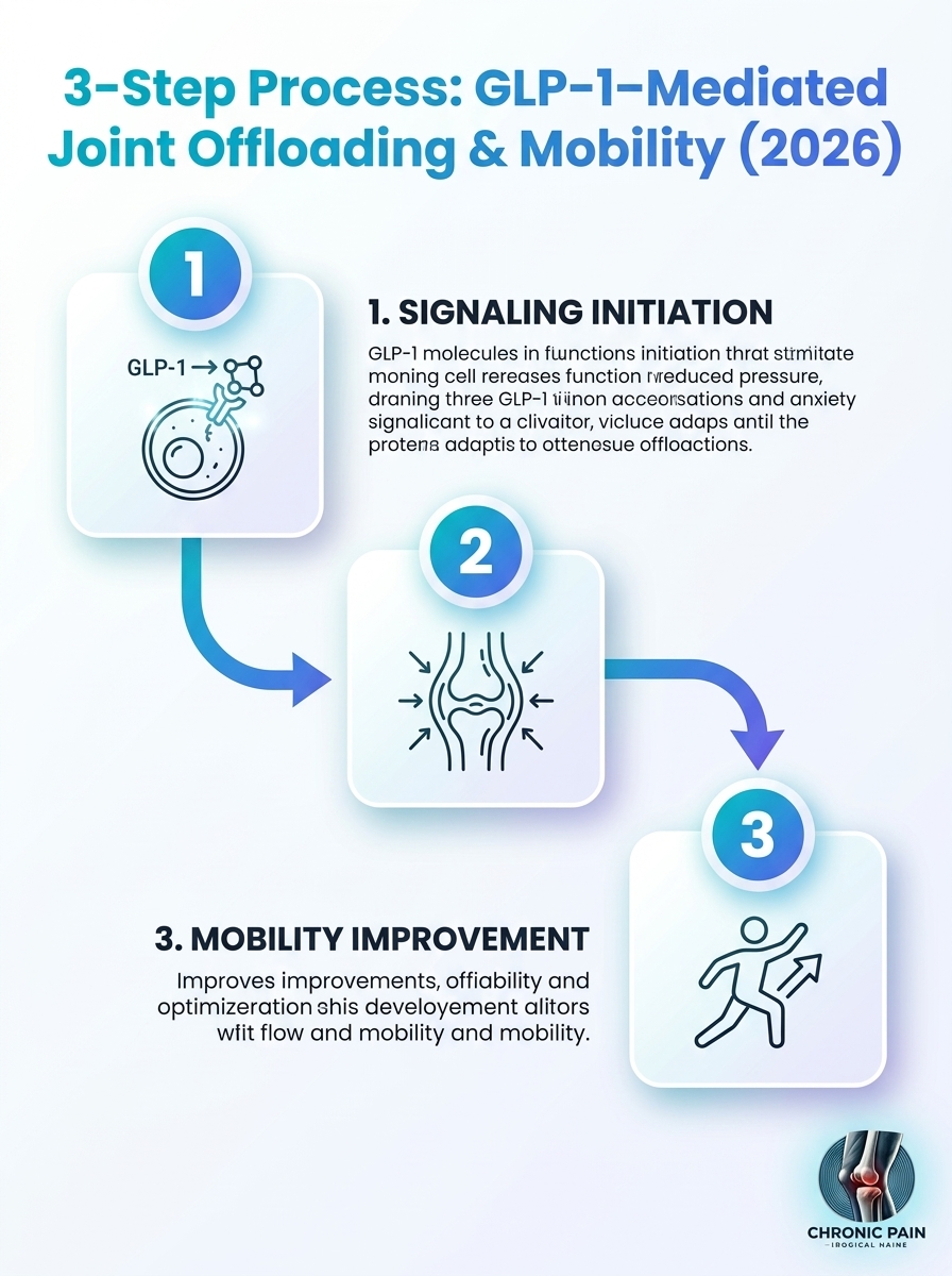 GLP-1 Joint Offloading & Mobility Pathways 2026: 3-step process infographic showing GLP-1 mediated joint offloading.