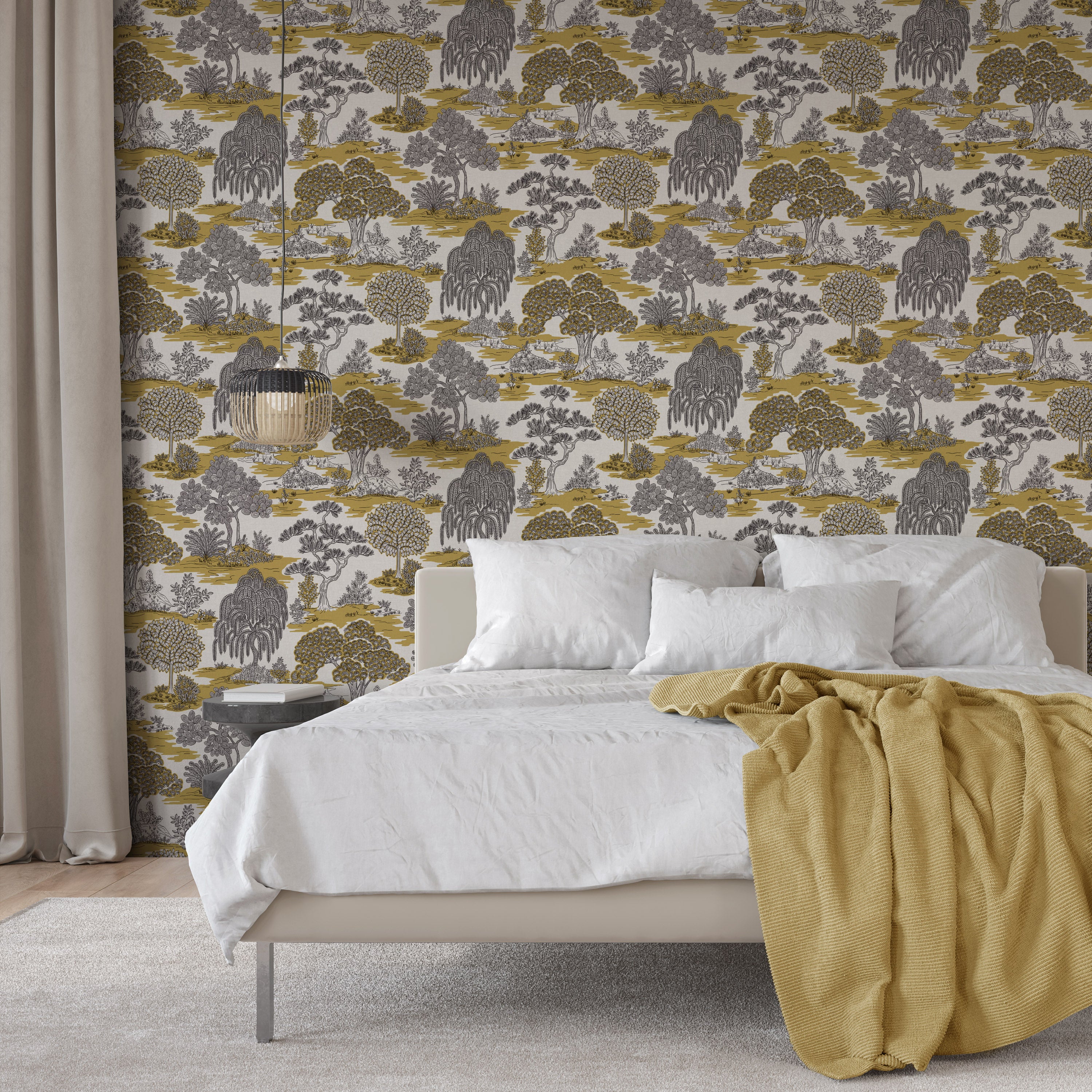 Zen Ochre Wallpaper in Bedroom Setting