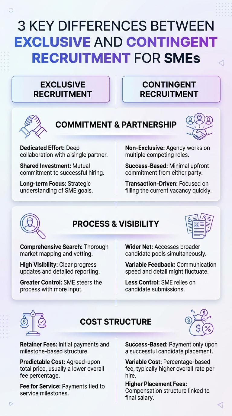 Infographic explaining exclusive vs contingent recruitment for smes: 3 key differences for SMEs.