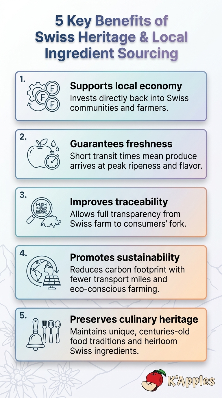 Infographie illustrant 5 avantages clés de l'héritage suisse et de l'approvisionnement en ingrédients locaux.