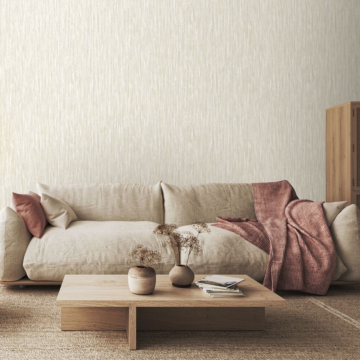 Rosalie Texture Stripe Cream Wallpaper Styled Room