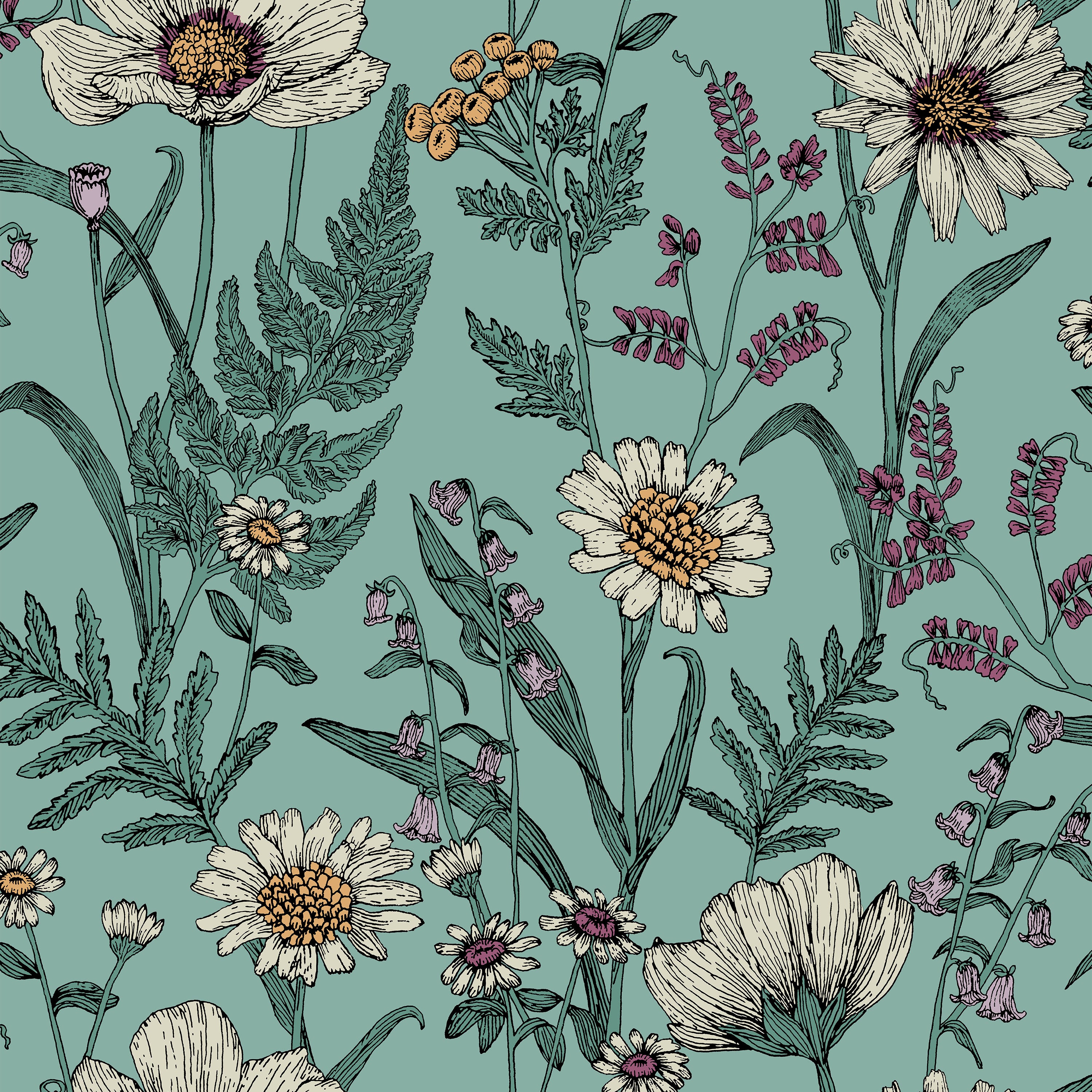 Wild Meadow Blue Floral Wallpaper