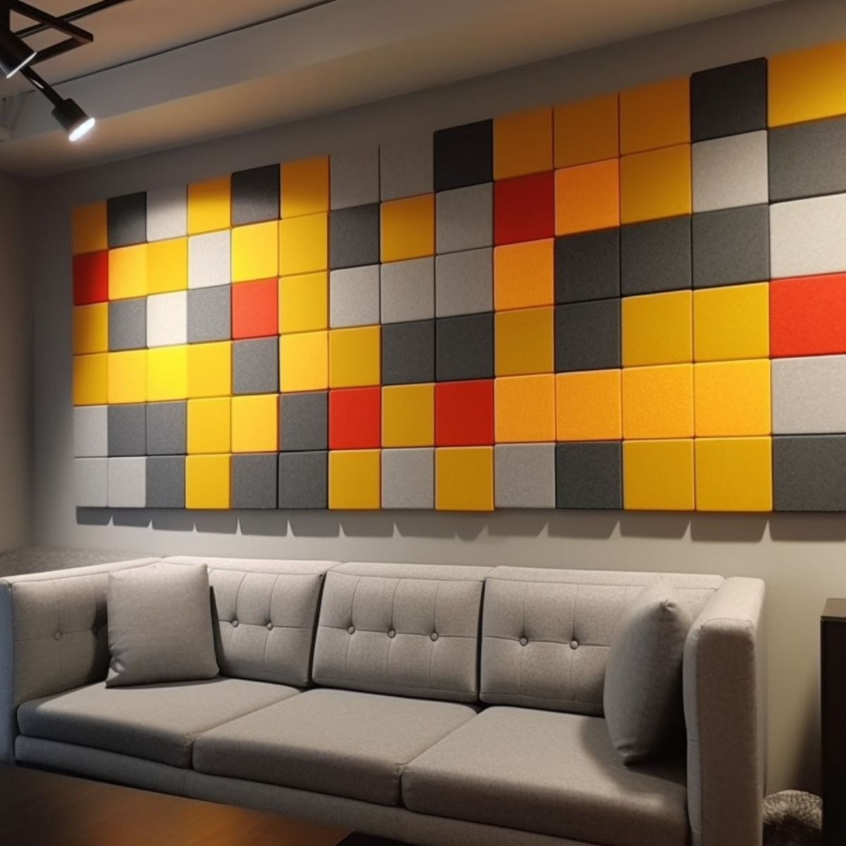 Square acoustic panels on a wall