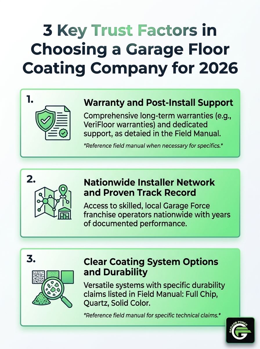 Infographic showing 3 key trust factors for choosing a garage floor coating company in 2026.