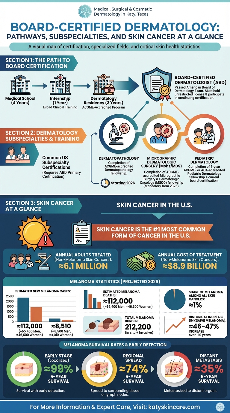 Infographic: Board-Certified Dermatology pathways, subspecialties, and skin cancer