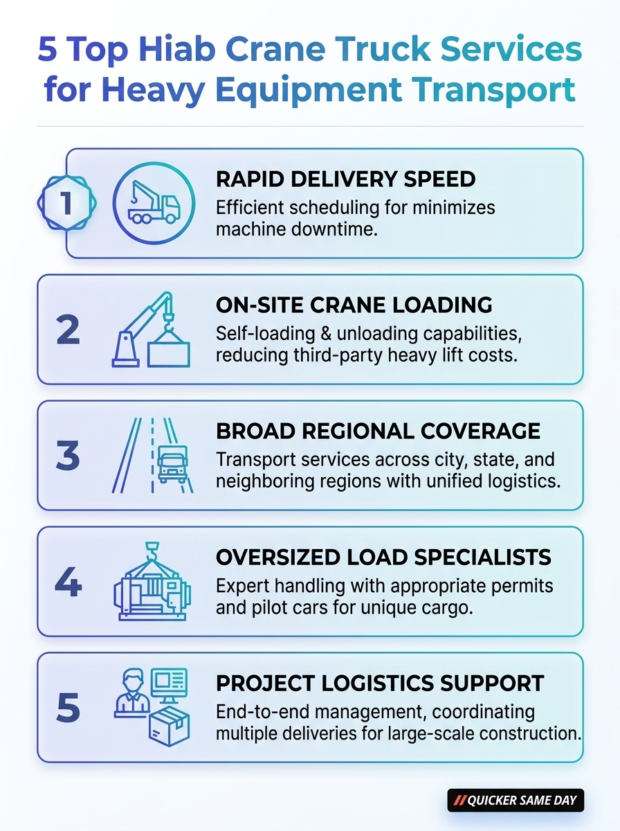 Infographic of 5 Top Hiab crane truck services for heavy equipment transport, highlighting capabilities and use cases.