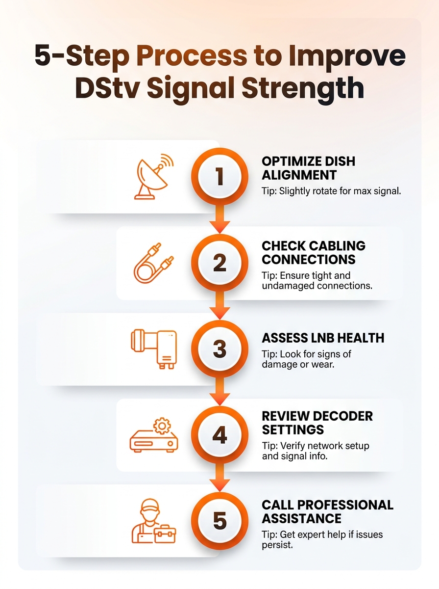 Infographic: 5-step process to improve DStv signal strength for dstv signal strength optimization.