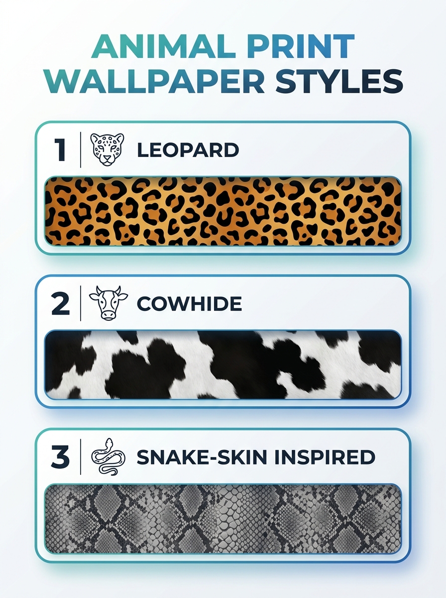 Infographic showing animal print wallpaper styles, patterns, and decorating ideas