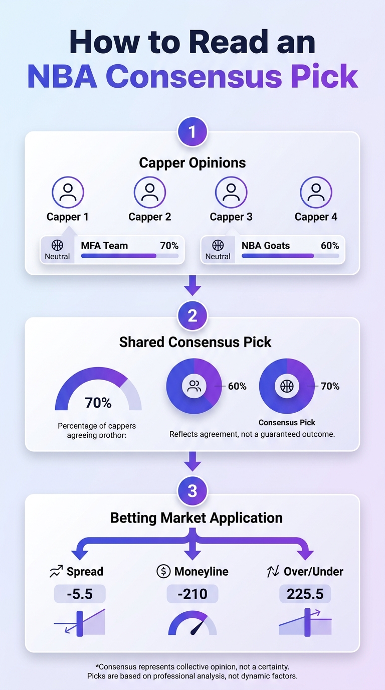 Infographic explaining how to read NBA consensus picks and interpret shared opinions across a slate.
