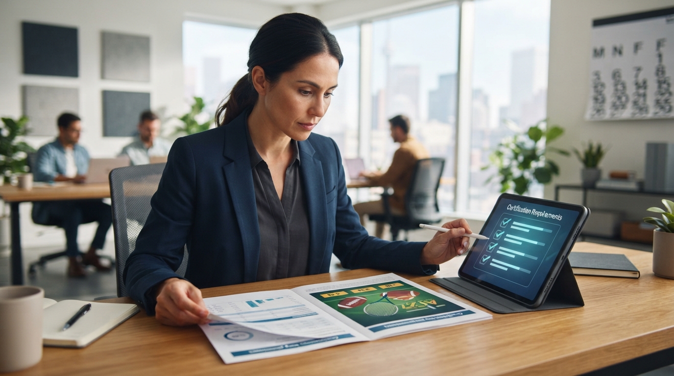 A compliance specialist reviews a generic sports betting advertisement beside a digital certification checklist on a tablet