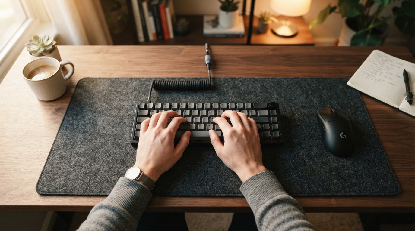 Overhead view of a compact mechanical keyboard and mouse on a charcoal felt desk mat, hands typing at a warmly lit home desk.