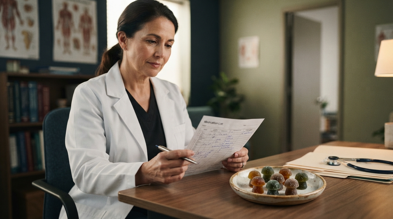 A healthcare professional reviews a medication list beside a small dish of mushroom-shaped gummies in a softly lit