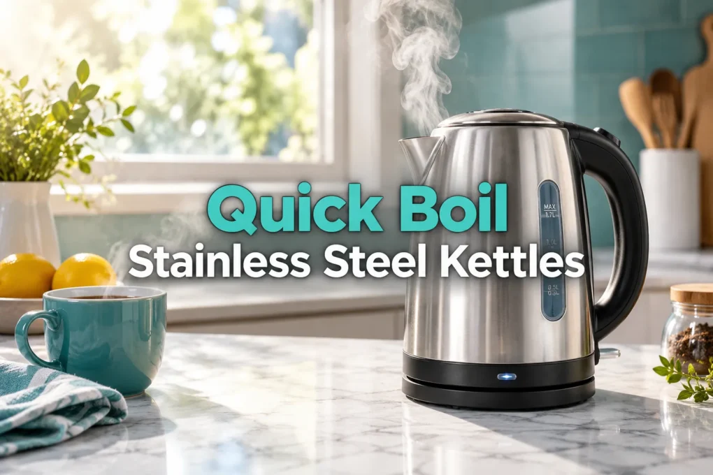 Stainless steel electric kettle on a kitchen counter beside a cup