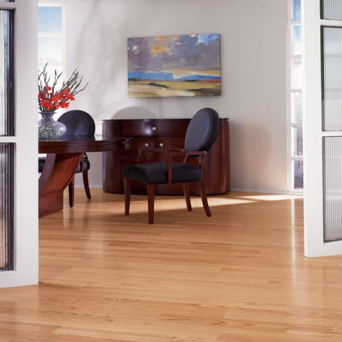 Wire brushed red oak engineered hardwood installed in dining room