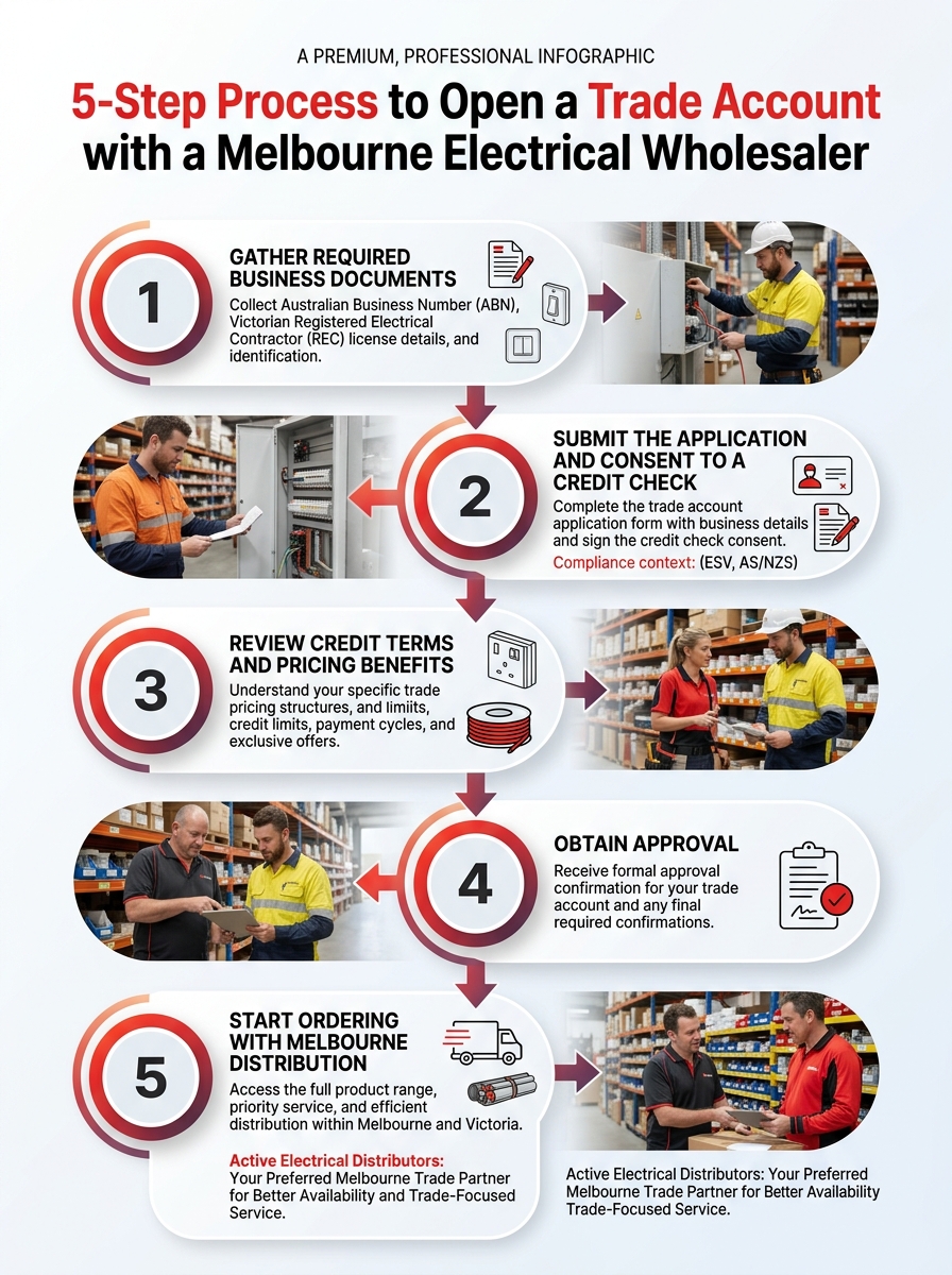 Five-step process to open a trade account with a Melbourne electrical wholesaler.