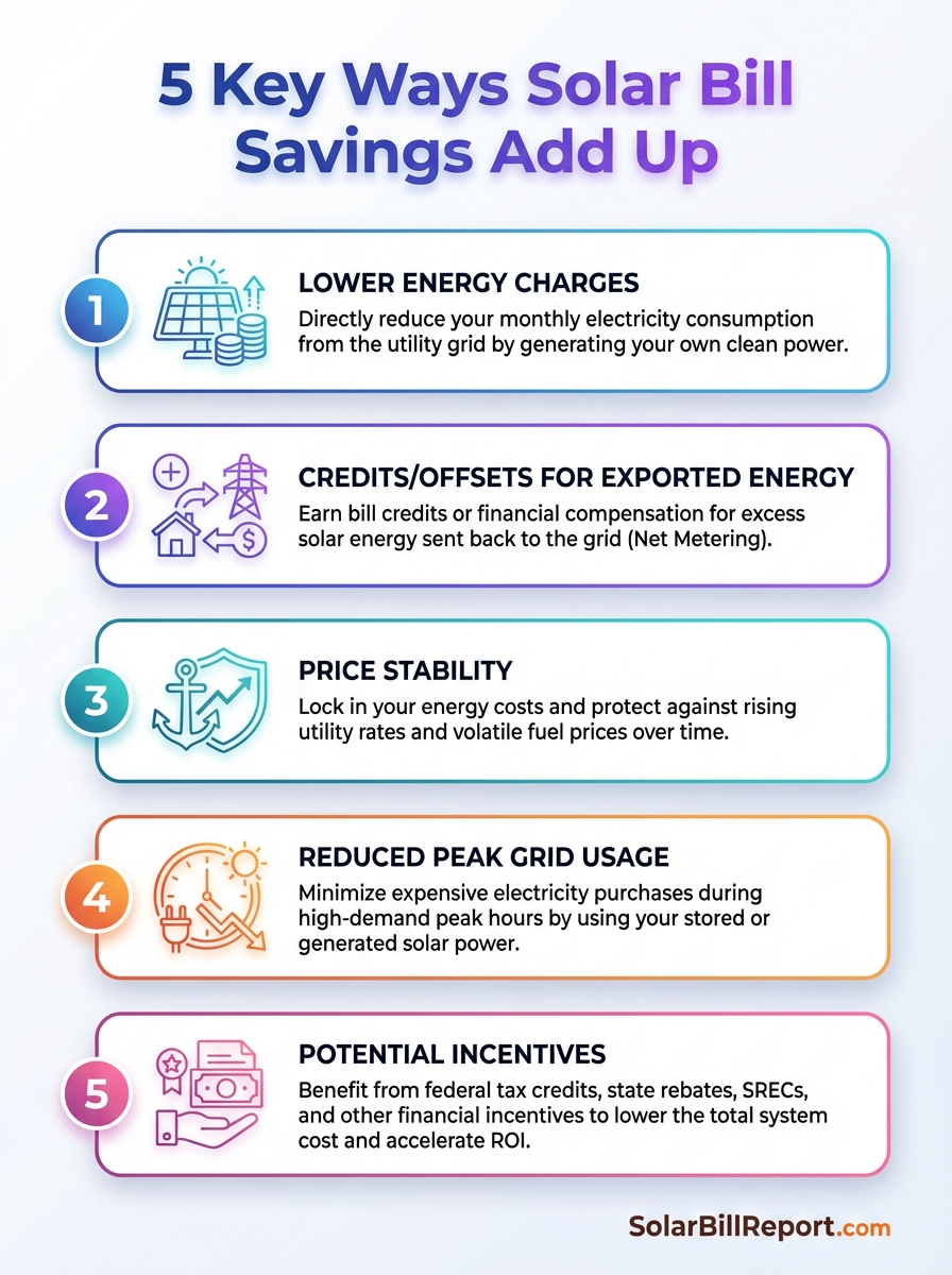 Infographic showing 5 key ways solar bill savings add up and how to maximize solar savings.