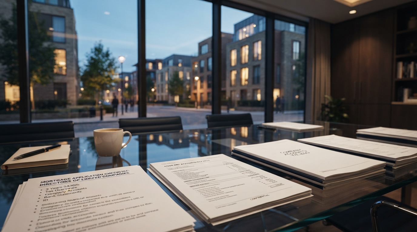 A contemporary British home at dusk beyond a glass meeting-room table, where a document checklist and company financial