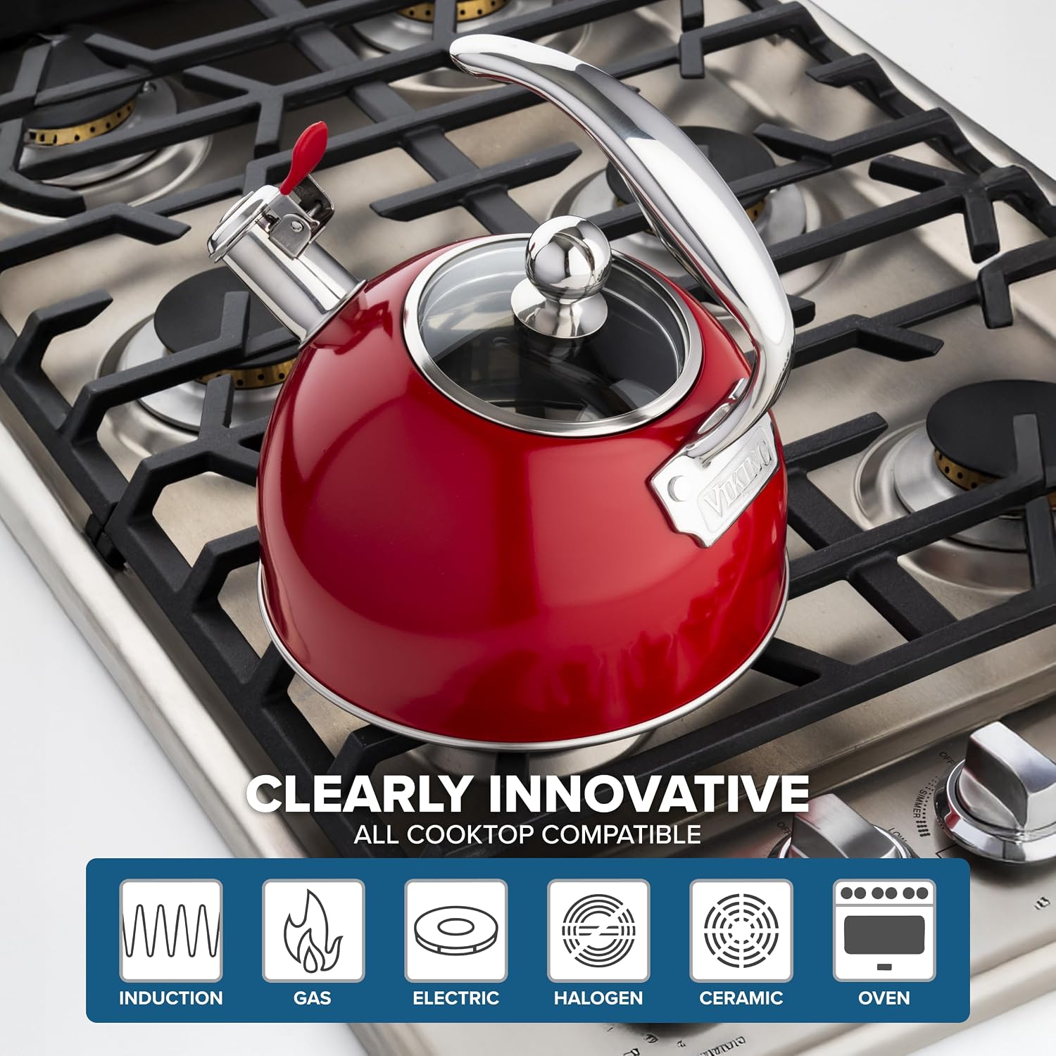 Viking 2.6 Quart Stainless Steel Tea Kettle on stovetop