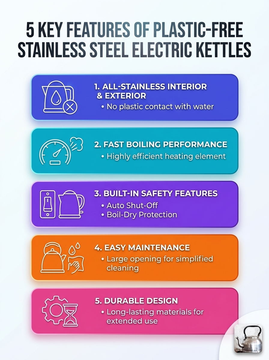 Infographic of 5 features of plastic-free stainless steel kettles: BPA-free, durable, safe, heat-efficient.
