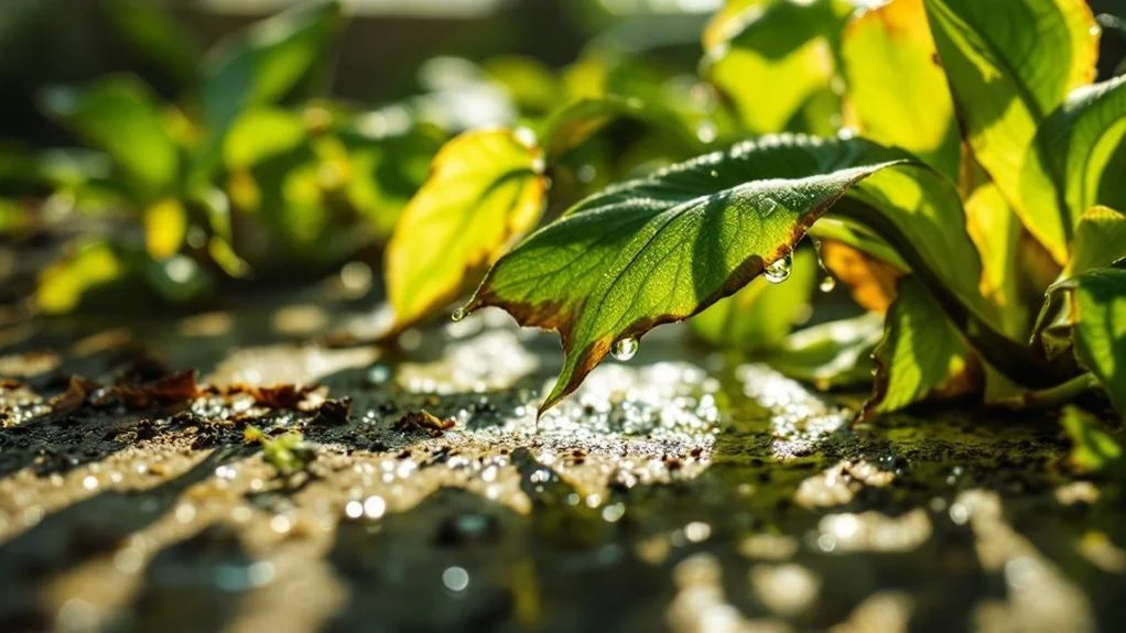 Green leafy plants grow in wet, rocky soil, with sunlight reflecting off the water; no people are visible.