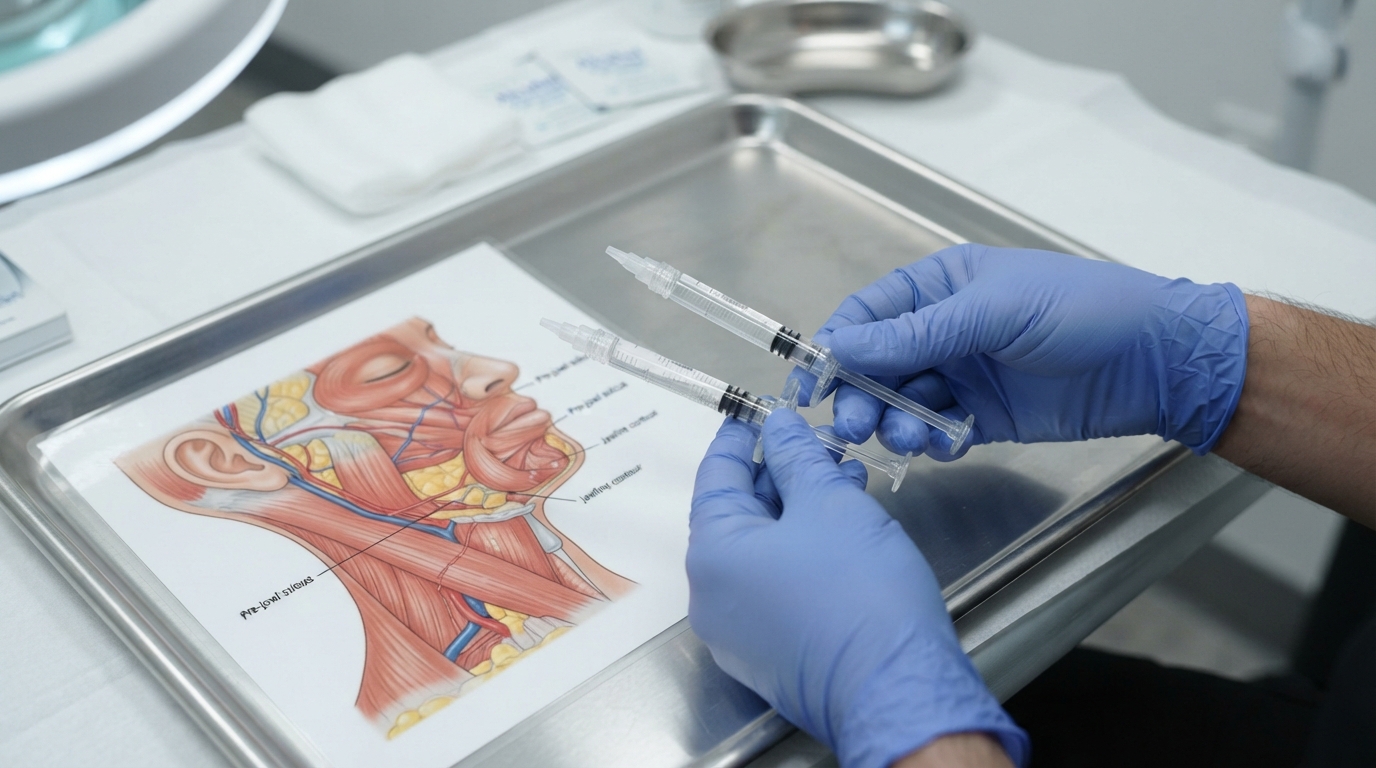 Overhead close-up of gloved hands comparing two unlabelled filler syringes beside a lower-face anatomy diagram on a