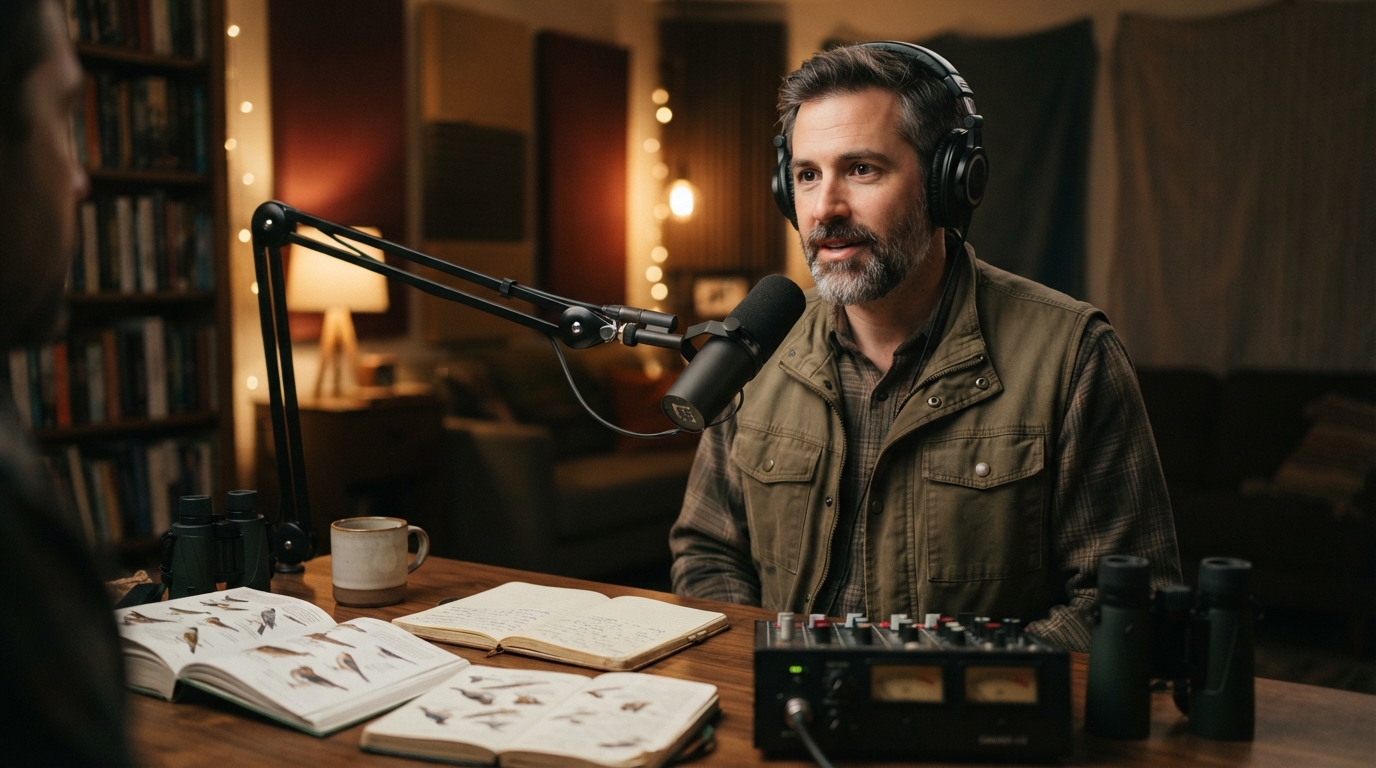 A small specialist podcast host records an episode beside a microphone and topic-related field guides in a warmly lit